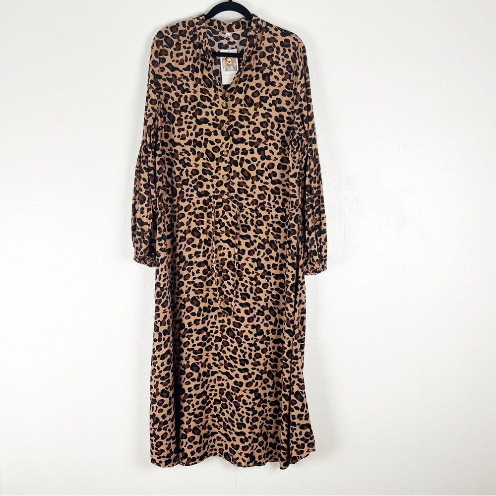 KIRUNDO Animal Print Long Sleeves Tie Waist Half Front Button Pleated Dress XL